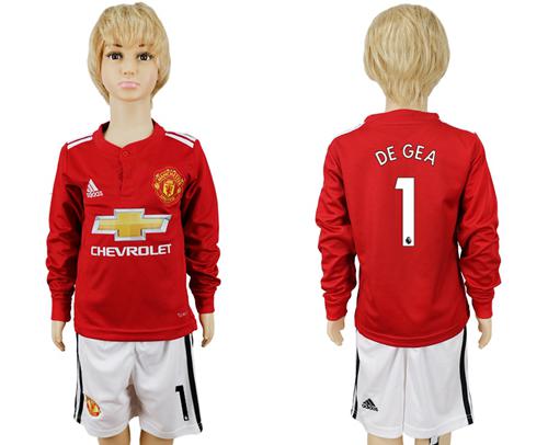 Manchester United #1 De Gea Home Long Sleeves Kid Soccer Club Jersey - Click Image to Close